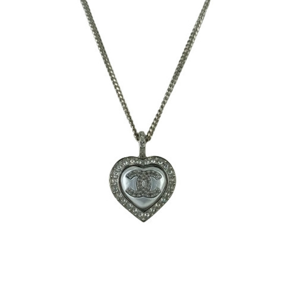 CHANEL Coco Mark Heart Necklace ABB617, Silver Metal with Rhinestones and Faux P - Picture 1 of 8